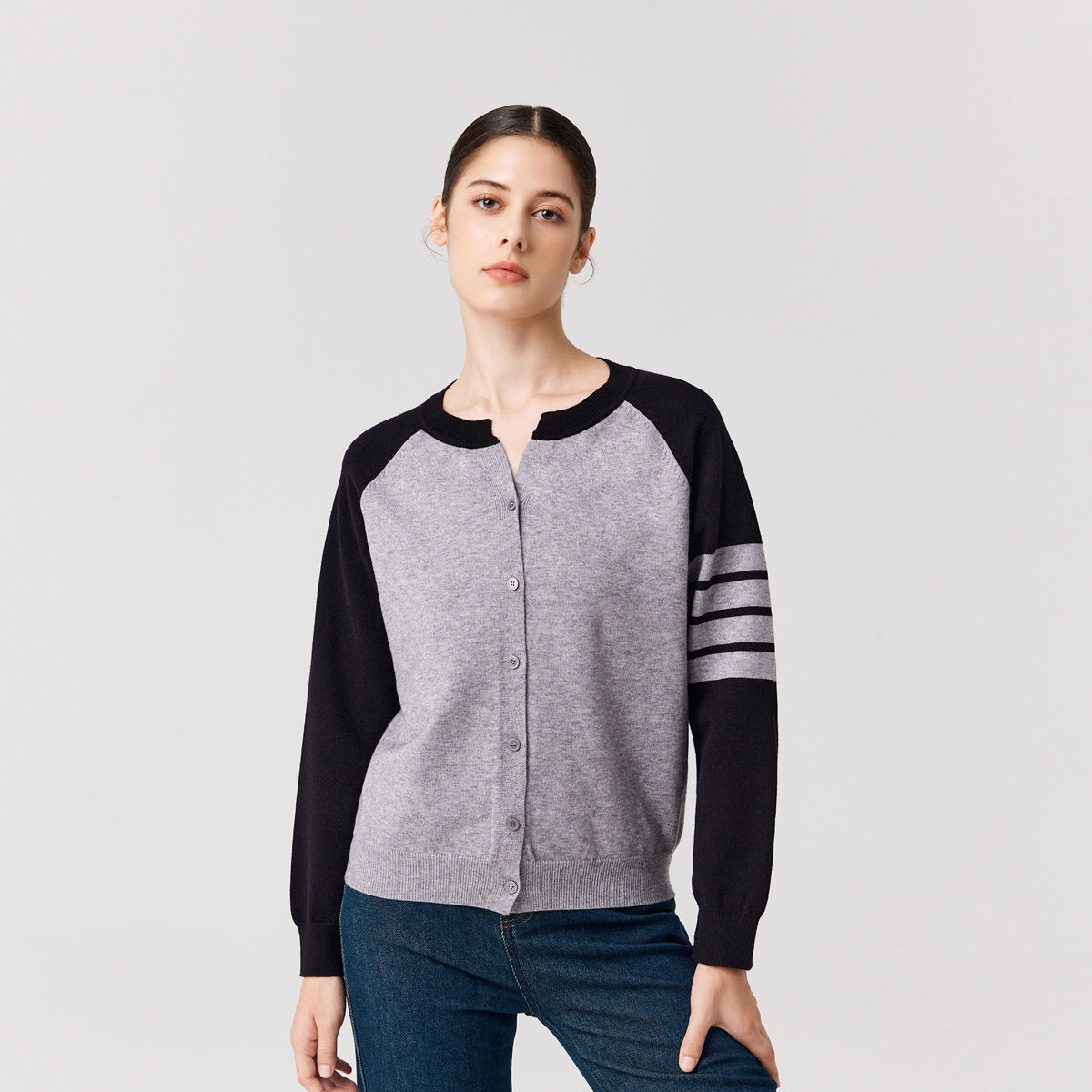 Knitwear round neck Four stripes sweaters coat oversize women casual single-breasted cardigans