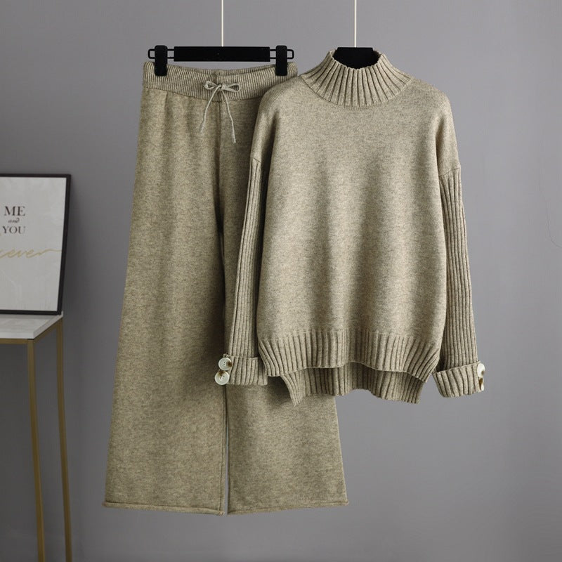 Trending Fashion rolled neck sweaters wide leg pants 2 piece set women knitted winter autumn casual streetwear