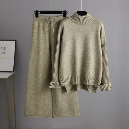 Trending Fashion rolled neck sweaters wide leg pants 2 piece set women knitted winter autumn casual streetwear
