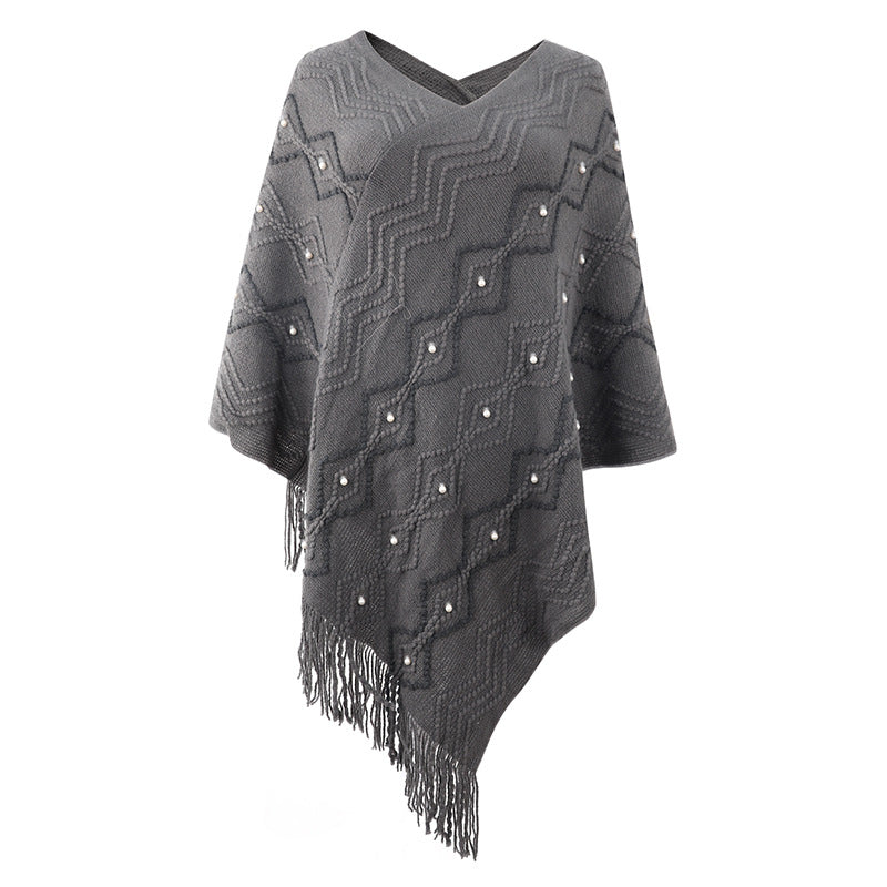 New Arrivals winter warm Wavy knitted tippet v neck casual fashion striped fringed cape coat for women