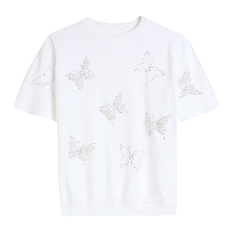 New Arrivals casual crew neck butterfly jumpers women Hot drill short sleeve pullover sweaters