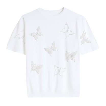 New Arrivals casual crew neck butterfly jumpers women Hot drill short sleeve pullover sweaters