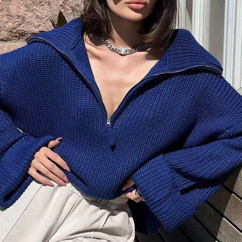 New arrivals winter fall solid color knitwear turn down collar half zipper knitted sweater tops for women