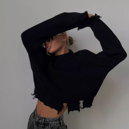 2026 Latest design crew neck ripped sweaters oversize wool knit tops elegant solid color mujer jumpers