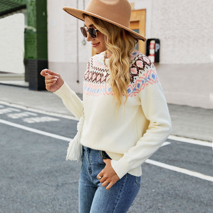 Fall Winter new style vintage jacquard color blocking knitted jumper Elegant loose pullover sweater