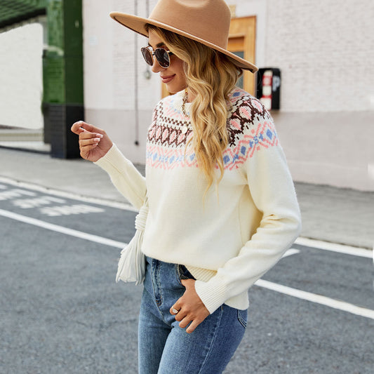 Fall Winter new style vintage jacquard color blocking knitted jumper Elegant loose pullover sweater