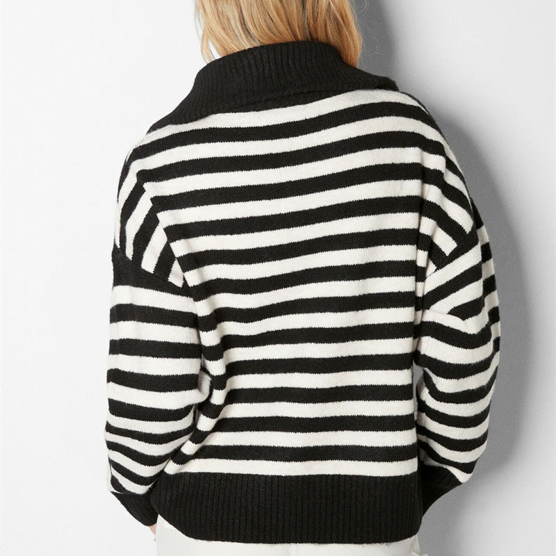 Autumn winter soft loose lazy stylish lapel collar half zipper high neck thick striped women’s sweater