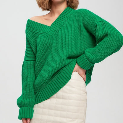 Trending Fall Winter Loose v neck jumpers casual pullover knitted elegant thicken sweater for women