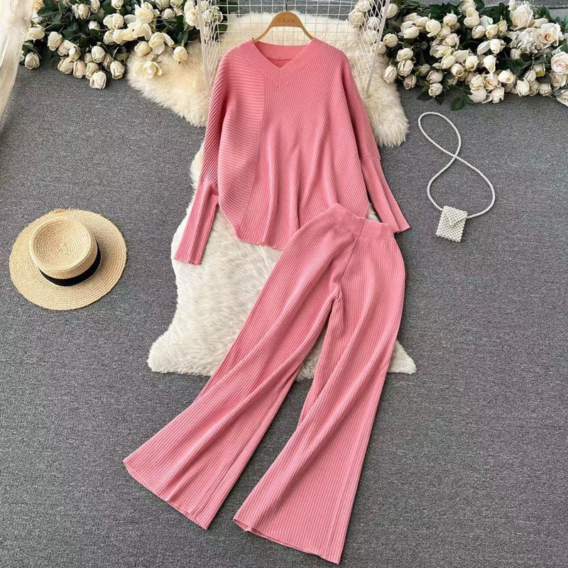 Hot selling pure color women loungewear elegant pullover loose knitted wide leg pants 2 piece set women