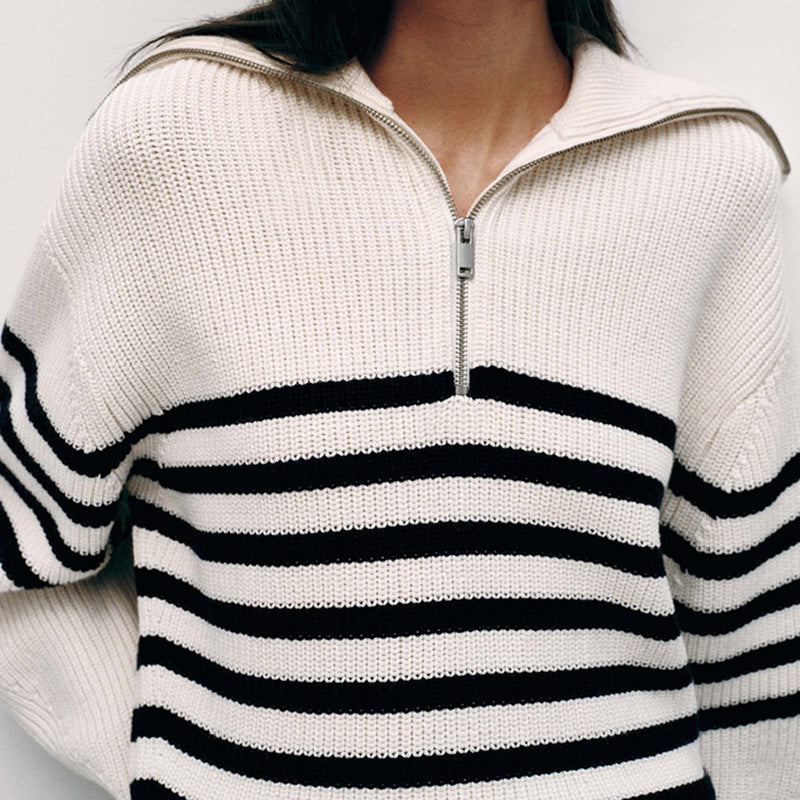 lapel collar knitwear women lantern sleeve striped casual oversize elegant knitted sweater tops