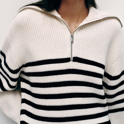 lapel collar knitwear women lantern sleeve striped casual oversize elegant knitted sweater tops