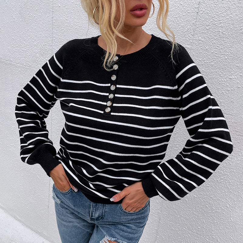 Hot sales autumn winter single-breasted button jumper mujer casual pullover striped leisure women sweaters