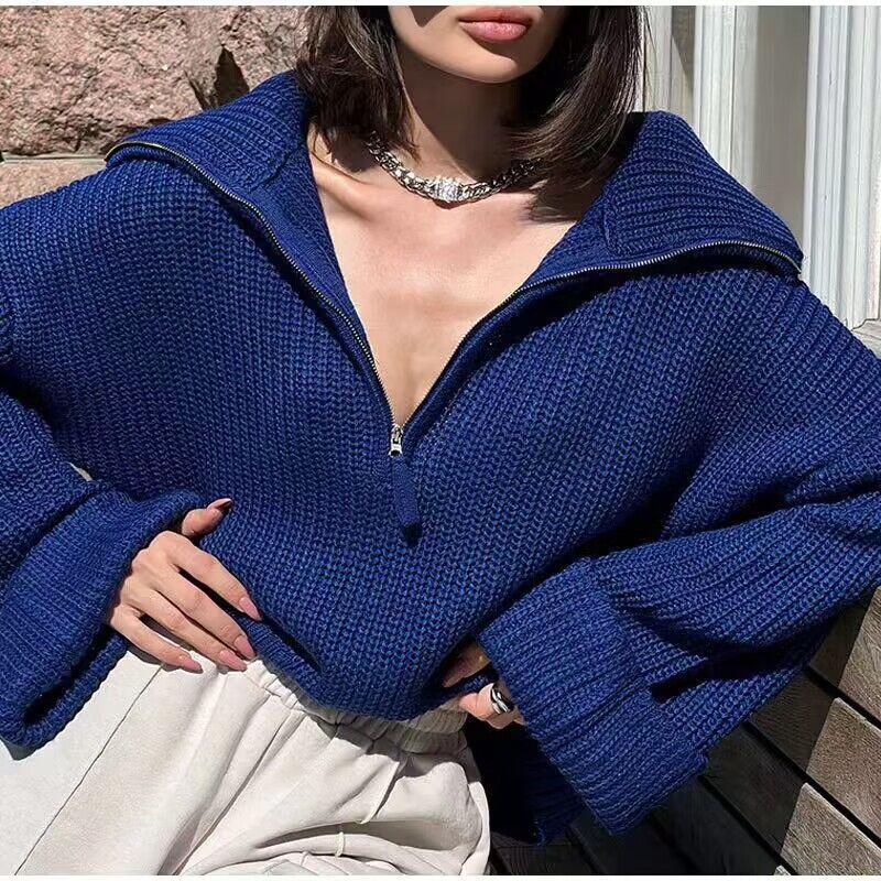 New arrivals winter fall solid color knitwear turn down collar half zipper knitted sweater tops for women
