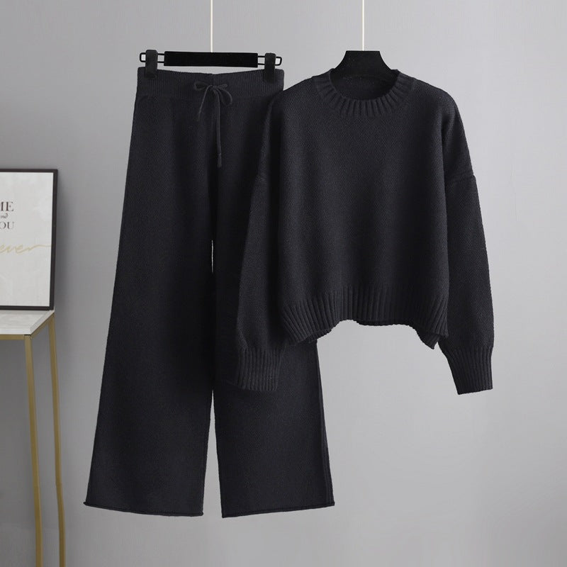 Trending Fashion Winter Autumn round neck oversize Pullover Cable sweaters wide leg pants knitted 2 piece set for women