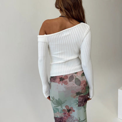 French style fall winter sexy slim fit slant shoulder sweaters lapel long sleeve knitted solid color rib knitwear women