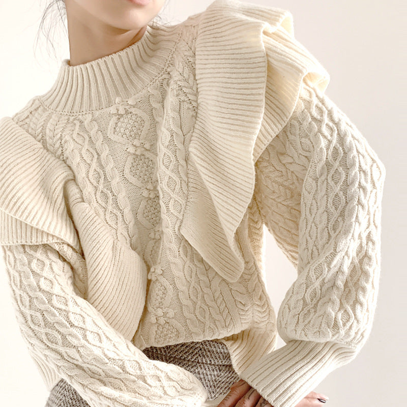 New Arrival half high neck wool knitted solid color knitwear lantern sleeve stylish ruffles mujer sweater
