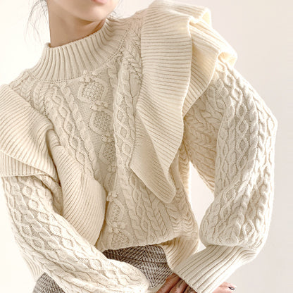 New Arrival half high neck wool knitted solid color knitwear lantern sleeve stylish ruffles mujer sweater
