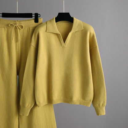 Autumn Winter Solid color Loose Polo Collar Sweater Wide Leg Pants Temperament Women’s 2 piece knitted Set