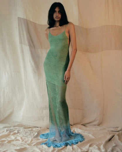 New Arrival backless bandage knitwear women summer color blocking one piece long dress with tassel
