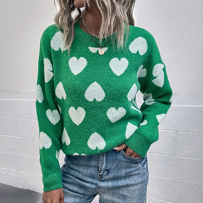 Fashion Pullover Jumper sueter para mujer heart knit casual loose crew neck sweaters women