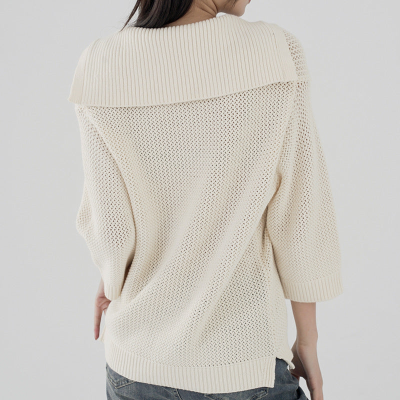 Trending fashion solid color casual knitwear pullover turn down collar hollow out sweaters women