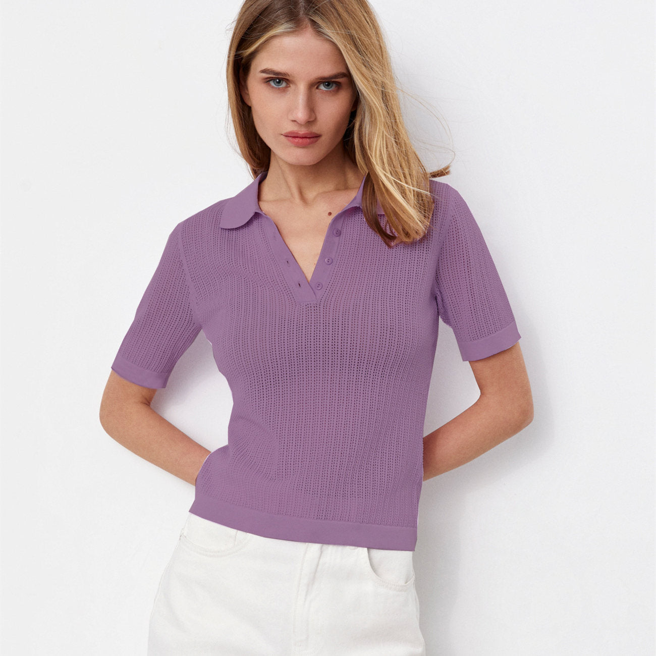 2026 spring summer knitted short sleeve slim fit pullover polo collar knitwear fashion solid color women’s sweater