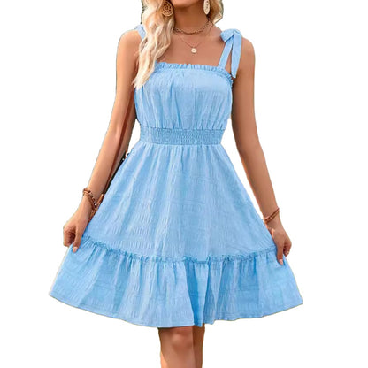 New Arrival 2026 Summer Women’s Elegant Solid Color Spaghetti Strap Waist-Cinching Ruffled A-Line Dress