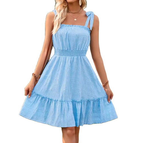 New Arrival 2026 Summer Women’s Elegant Solid Color Spaghetti Strap Waist-Cinching Ruffled A-Line Dress