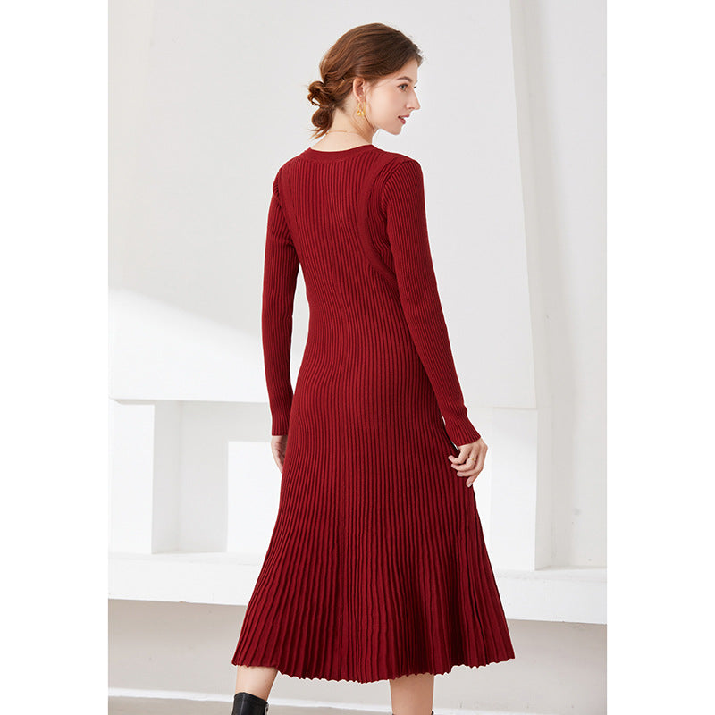 women fashion long sleeve knitwear slim fit elegant pullover v neck sweater knit midi dress