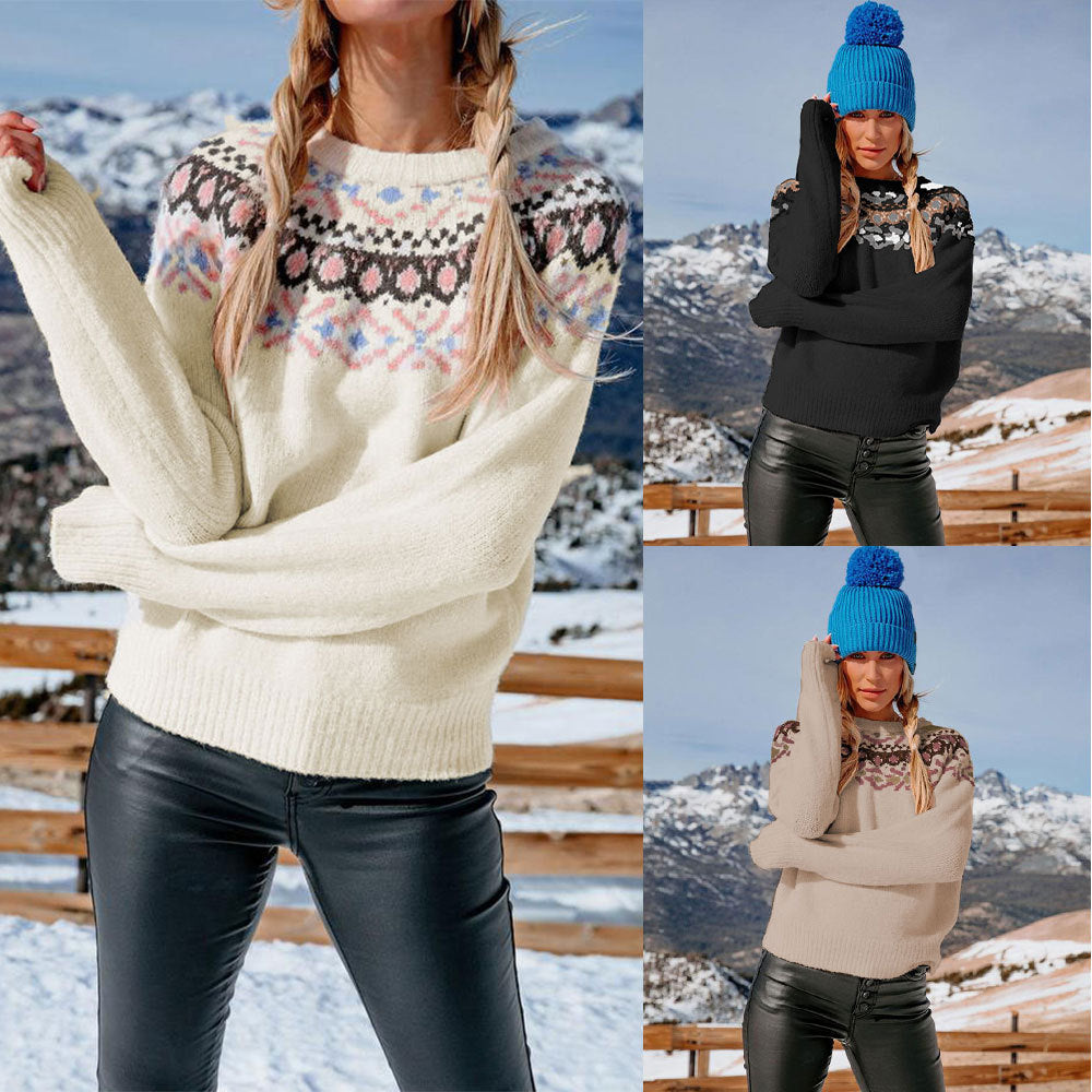 Fall Winter new style vintage jacquard color blocking knitted jumper Elegant loose pullover sweater