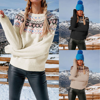 Fall Winter new style vintage jacquard color blocking knitted jumper Elegant loose pullover sweater