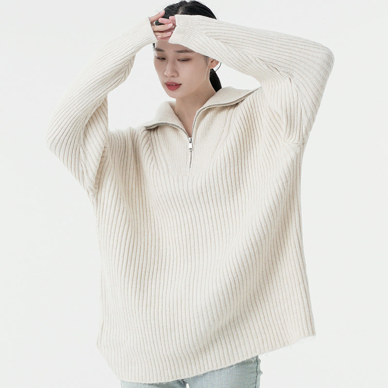 oversize casual knitwear pure color turn down collar INS stylish elegant designer sweaters women