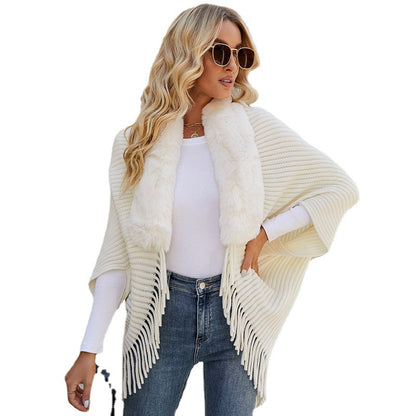 2026 Autumn winter pure color shawl pullover wool-collar tassel wraps women’s elegant knitted cape coat