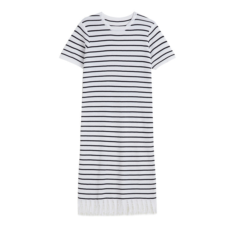 spring summer round neck pullover loose knitwear midi women casual striped knitted dress with tassel