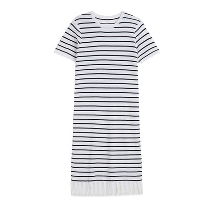 spring summer round neck pullover loose knitwear midi women casual striped knitted dress with tassel