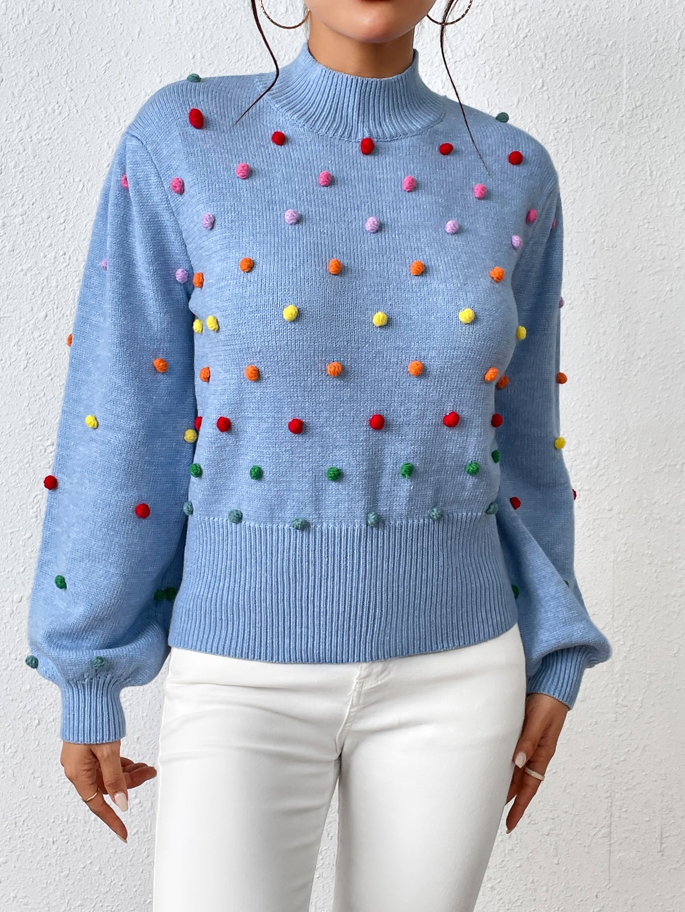 New arrivals Loose Elegant Colored beaded knitwear round neck pullover puff sleeve casual sweater women
