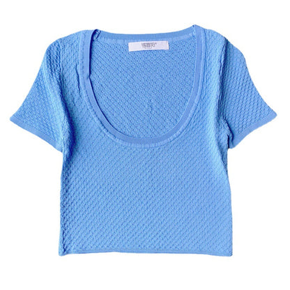 High quality pure color knitwear U-neck elegant short sleeve summer women casual cropped sweaters