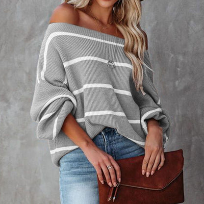 Trending fashion women off shoulder knitwear striped jumper mujer pullover elegant fall winter sweaters