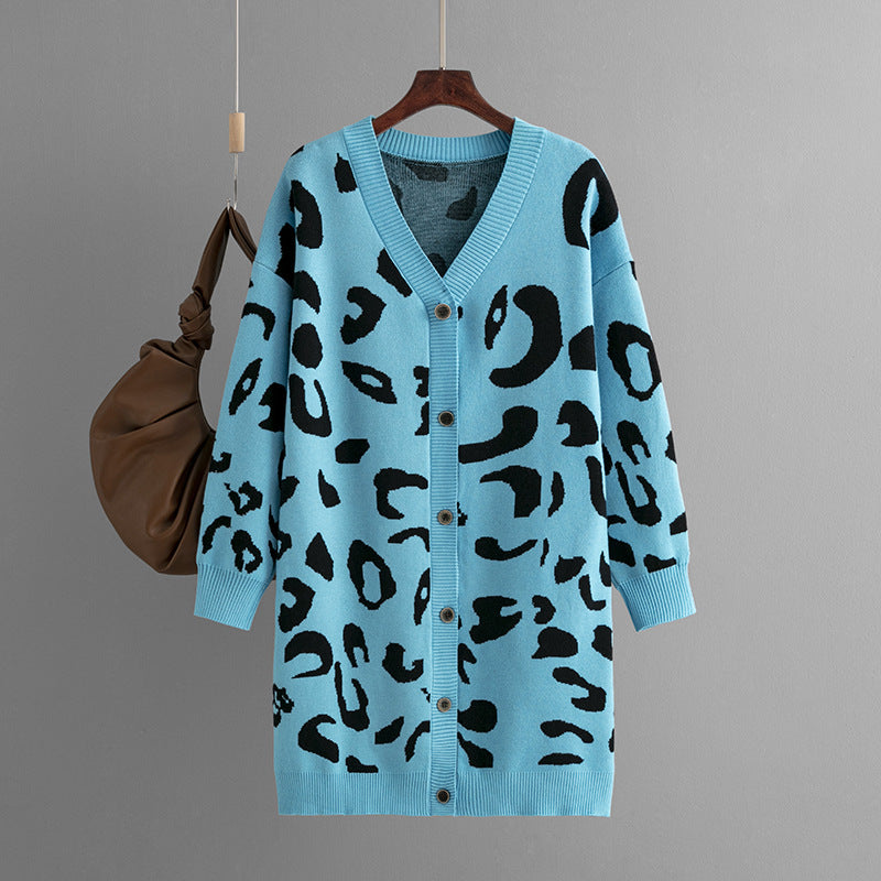 Knitwear deep v neck leopard pattern sweaters coat oversize lengthen women jacquard cardigans