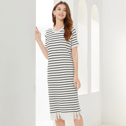 spring summer round neck pullover loose knitwear midi women casual striped knitted dress with tassel