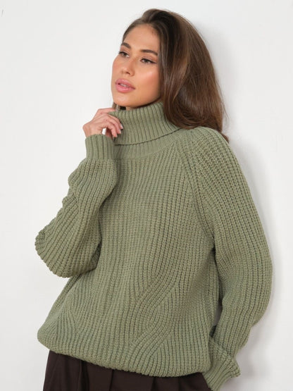 New arrivals rolled collar knitwear lantern sleeve knitted pure color tops oversize pullover casual sweaters women