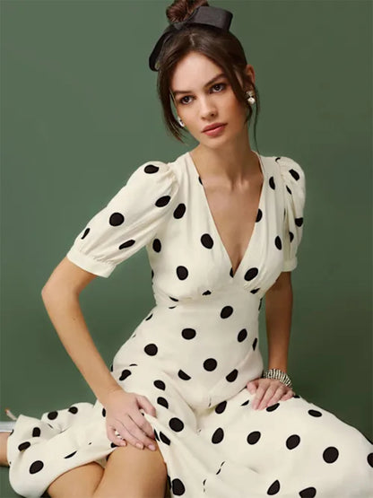Women Ivory Black Polka Dot Puff Sleeve Deep V Neck Maxi Dress Formal Party Evening Elegant Outfit