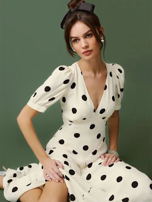 Women Ivory Black Polka Dot Puff Sleeve Deep V Neck Maxi Dress Formal Party Evening Elegant Outfit