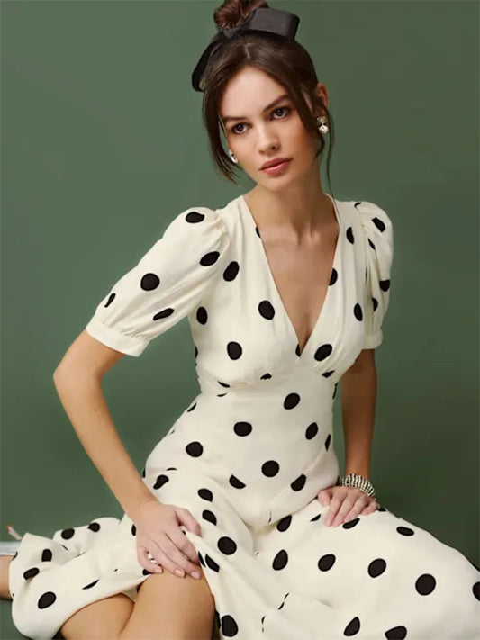 Women Ivory Black Polka Dot Puff Sleeve Deep V Neck Maxi Dress Formal Party Evening Elegant Outfit