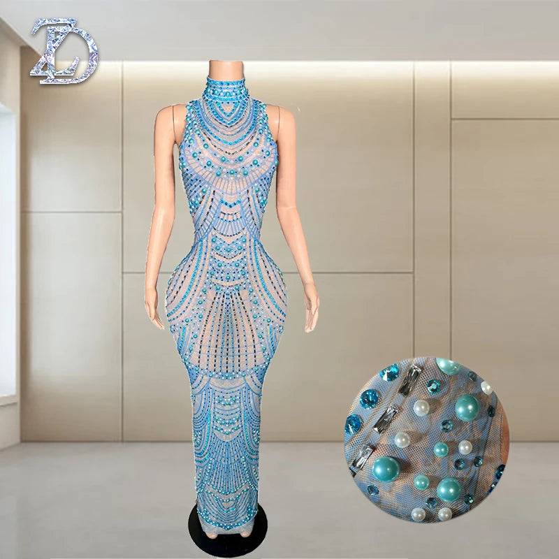 ZD Sexy Sparkly Pearl Rhinestone Sleeveless Long Dress Women Birthday Party Evening Prom Wedding Luxury Photoshoot Outfits