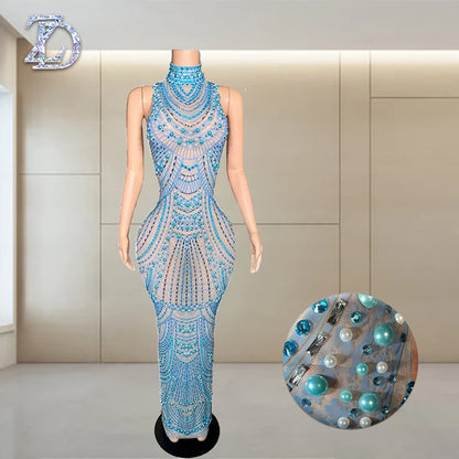 ZD Sexy Sparkly Pearl Rhinestone Sleeveless Long Dress Women Birthday Party Evening Prom Wedding Luxury Photoshoot Outfits