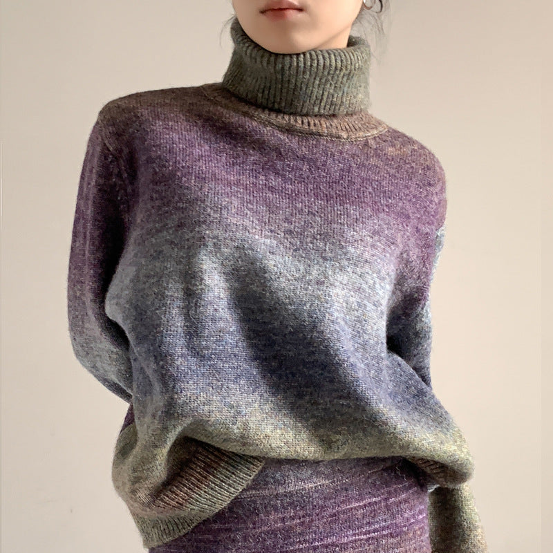 New design stylish wool knitted knitwear high neck loose lazy gradient purple elegant women sweaters