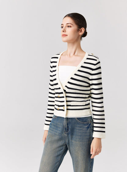 Knitwear Black white striped Merino wool elegant sweater coat Double Breasted gold cardigans women