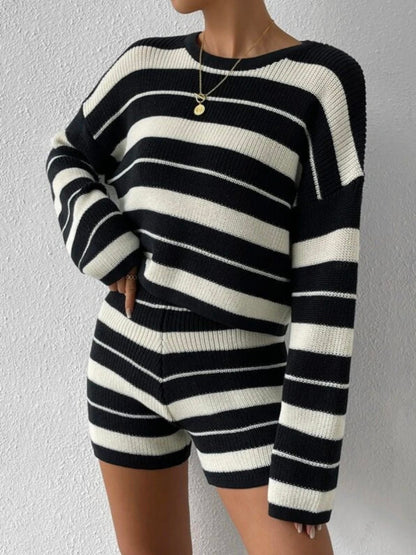 Fall Winter Knit Casual Striped Women Loungewear Pajama Set Knitted Round Neck Pullover Sweater 2 Piece Shorts Set