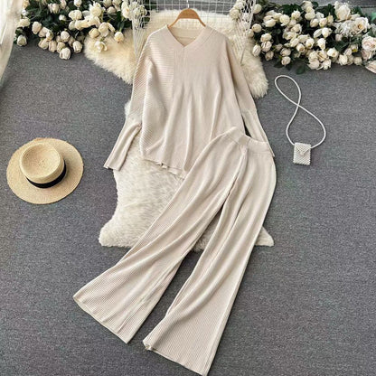 Hot selling pure color women loungewear elegant pullover loose knitted wide leg pants 2 piece set women
